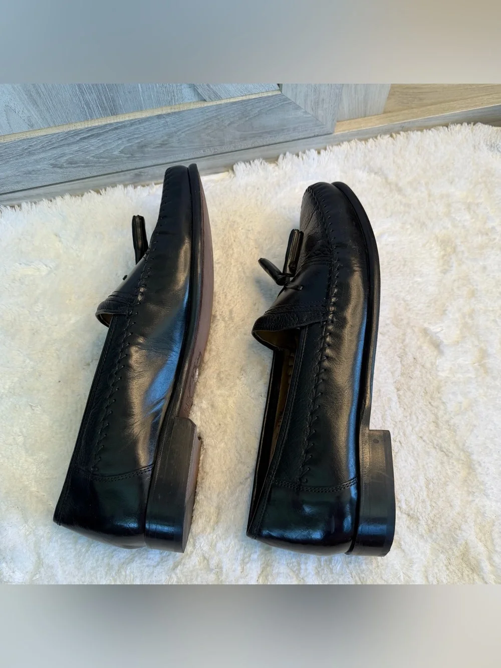 Brass Boot Loafers Black Leather Tassel Moc Round Toe Shoes Size 11.5